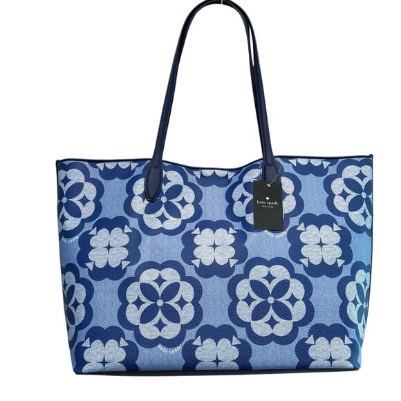 kate spade Handbags - Kate Spade Tote Bag Womens Large Blue Spade Flower Monogram Outerspace KF650 NWT